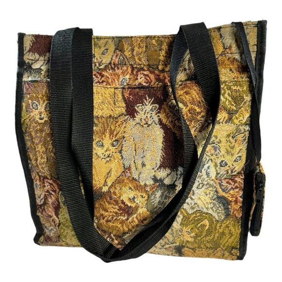 Vintage Large Tapestry Cat Print Tote Bag With Zipper & Handles Shopping Bag - Picture 2 of 10